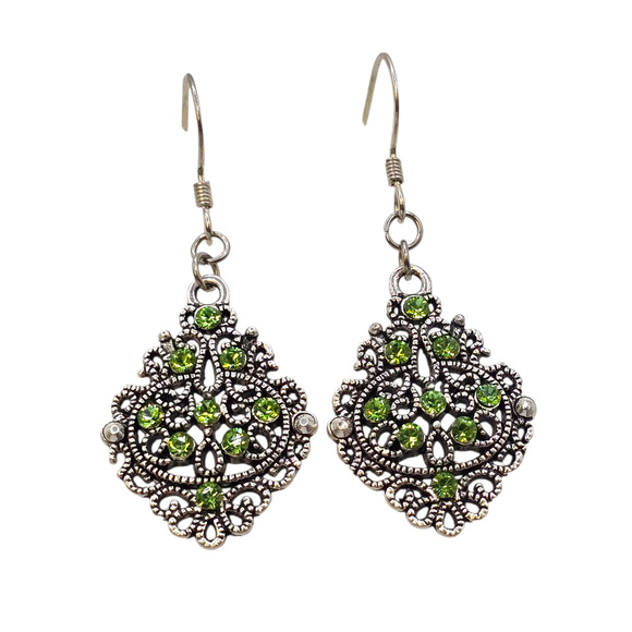 Pierced Earrings Filigree Dangle Drop Silver Tone Green Rhinestone Hook Boho - Picture 2 of 7